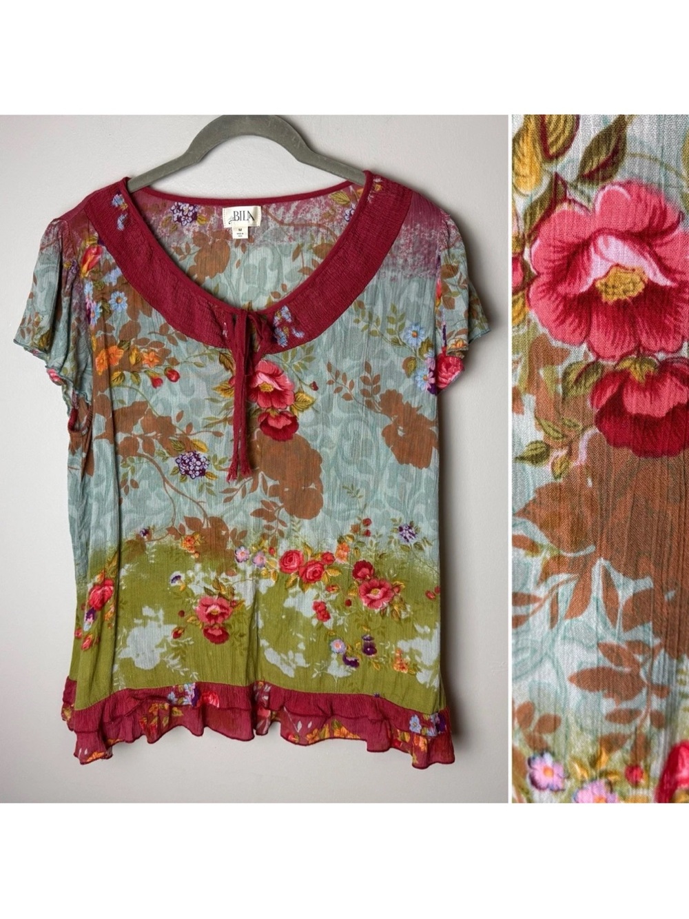 BILA Top Size Medium Floral Boho Ruffle Hem Tie Neck Crinkle Blouse Cottagecore